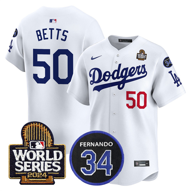 Youth Los Angeles Dodgers #50 Mookie Betts White 2024 World Series With Fernando Memorial Patch Limited Stitched Baseball Jersey Youth Los Angeles Dodgers #50 Mookie Betts White 2024 World Series With Fernando Memorial Patch Limited Stitched Baseball Jersey